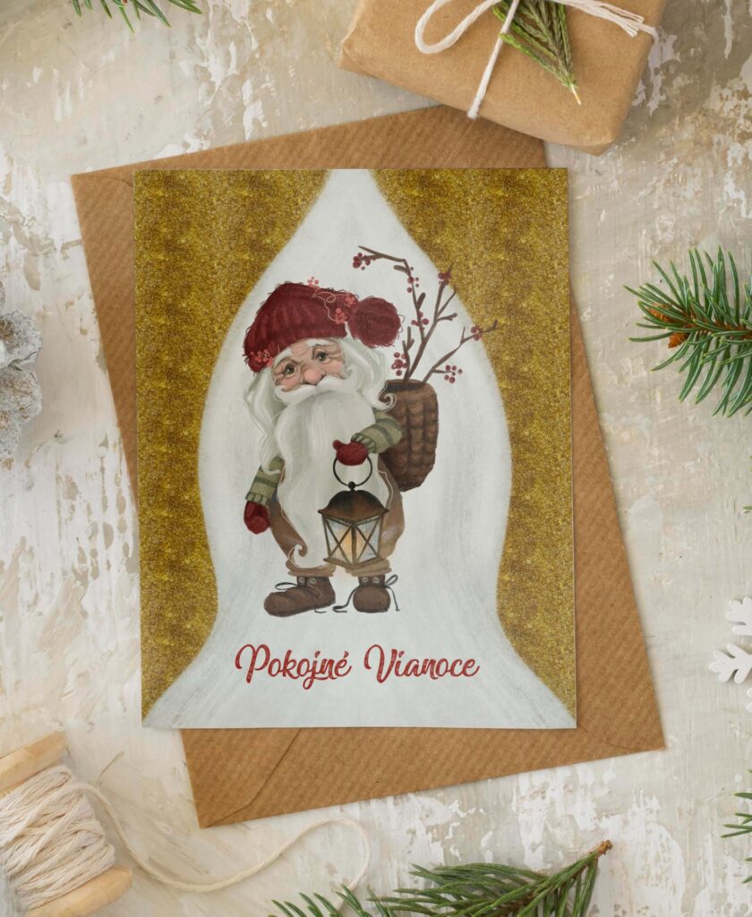 Vianočná pohľadnica - škriatok – zlatá so Santa Clausom (ukážka 2)